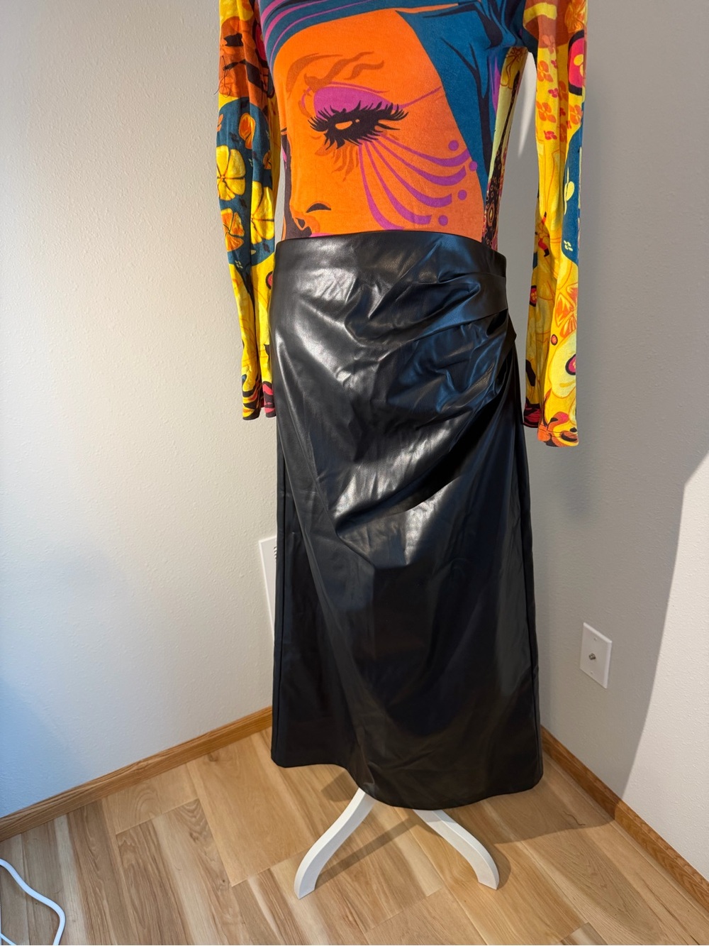 Commense Black Faux Leather A-Line Maxi Skirt w back slit